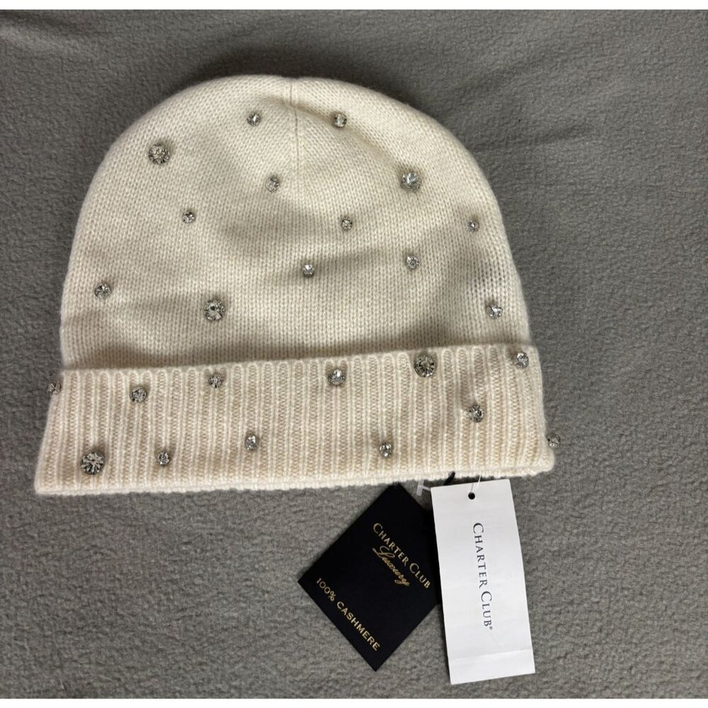 Charter Club Luxury 100% Cashmere Beanie Hat Rhinestone Embellishments Ivory NWT